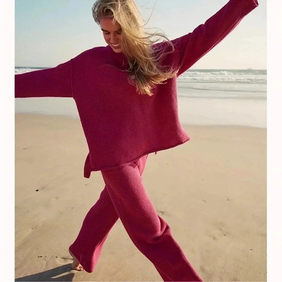 New Free People Hailee Sweater Set Two Piece in Ivory Heather Raspberry Pink - Picture 3 of 13